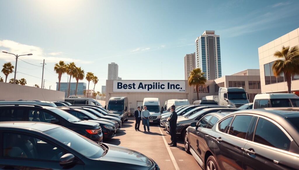 A vibrant scene of a Los Angeles vehicle hub bustling with activity, showcasing a diverse array of vehicles including sedans, SUVs, and trucks in the foreground parked near an auction setup. In the middle ground, professionals in business attire are observing and discussing auction vehicles, emphasizing the collaborative atmosphere of auto transport. The background features iconic Los Angeles architecture, like palm trees and modern buildings, under a bright blue sky illuminated by warm, natural sunlight. A large banner of "Best Car Shipping Inc" can be seen prominently displayed at the auction site. The angle should capture a dynamic perspective, allowing depth and movement, highlighting the energy of this major hub for auction vehicle transport. The overall mood is professional yet lively, reflecting Los Angeles as a key player in the auto transport industry.