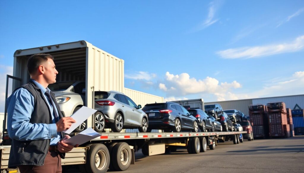 A vibrant scene of a car shipping terminal in Elizabethtown, Kentucky, showcasing a lineup of various cars on an open trailer truck, ready for transport. In the foreground, a professional driver in business attire is inspecting the vehicles, with a clipboard in hand. The middle ground features well-organized containers stacked neatly, with the logo "Best Car Shipping Inc" visible on the side of the transport truck. In the background, a clear blue sky with soft clouds enhances the day's atmosphere. The lighting is natural, capturing the essence of a sunny day, with soft shadows adding depth. The overall mood is one of efficiency and professionalism, emphasizing reliable auto transport services.