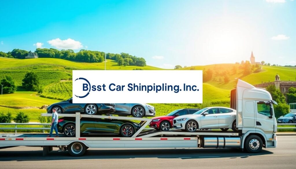 A vibrant scene of car shipping and auto transport in Bowling Green, Kentucky. In the foreground, a sleek, modern car carrier truck is unloading vehicles, showcasing a variety of cars in mint condition, with their owners observing attentively in professional attire. The middle layer features a lush, green landscape typical of Bowling Green, with rolling hills and blue skies, while a few local landmarks in the background hint at the town's charm. The lighting is bright and inviting, suggesting a pleasant day, captured from a slightly elevated angle to emphasize the truck and the surrounding area. The logo "Best Car Shipping Inc" is subtly incorporated on the truck, blending seamlessly into the scene, evoking a trustworthy and reliable atmosphere.