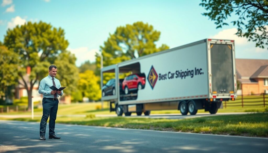 A vibrant scene of car shipping in Oak Grove, Kentucky, showcasing a modern car transport truck loaded with vehicles against a backdrop of lush green trees and a clear blue sky. In the foreground, a professional driver in business attire stands next to the truck, inspecting the cargo with a clipboard in hand. In the middle ground, the truck is parked on a well-maintained road, emphasizing the reliability and professionalism of the service. The background features typical Oak Grove scenery, including quaint houses and farmland. Soft natural lighting highlights the scene, creating an atmosphere of trust and efficiency. Captured with a wide-angle lens to encompass the dynamic environment, the image conveys a sense of movement and service excellence, featuring the brand name "Best Car Shipping Inc" prominently on the truck.