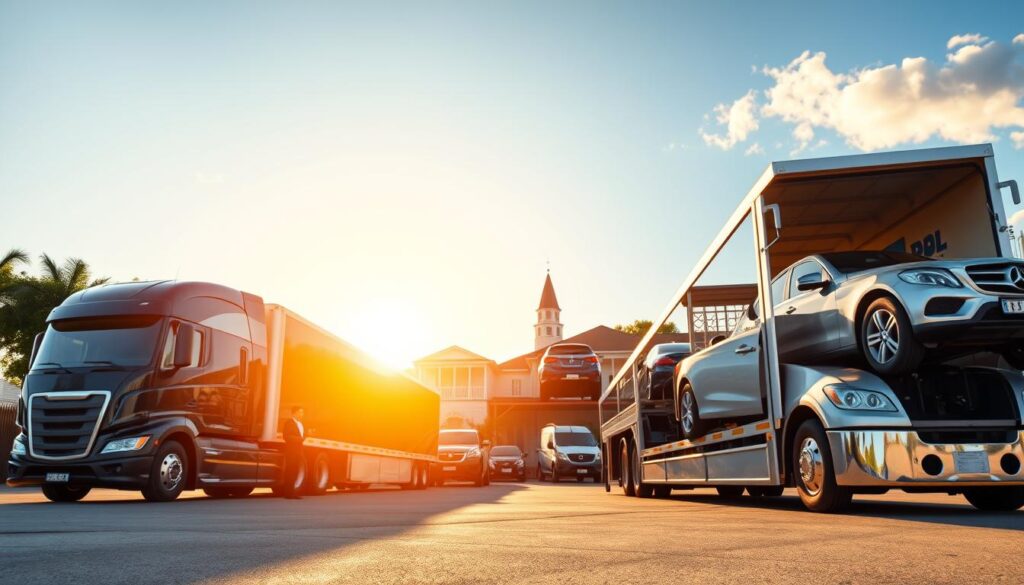 A vibrant scene showcasing "Best Car Shipping Inc," an auto transport company headquartered in Rayne, Louisiana. In the foreground, a sleek, modern auto transport truck is parked, loaded with well-protected vehicles. The driver, a professional in business attire, stands beside the truck, inspecting the shipment. The middle ground features a clean, organized loading yard with dynamic movement, including staff securing vehicles. The background showcases a picturesque Rayne landscape with clear blue skies, dotted with Louisiana-style architecture and lush greenery, illuminated by warm, inviting sunlight. The overall mood is trustworthy and professional, emphasizing reliability in door-to-door vehicle shipping. The scene is captured at a slightly low angle to highlight the truck and create a sense of scale, emphasizing the company's commitment to excellence in auto transport solutions. A vibrant scene showcasing "Best Car Shipping Inc," an auto transport company headquartered in Rayne, Louisiana. In the foreground, a sleek, modern auto transport truck is parked, loaded with well-protected vehicles. The driver, a professional in business attire, stands beside the truck, inspecting the shipment. The middle ground features a clean, organized loading yard with dynamic movement, including staff securing vehicles. The background showcases a picturesque Rayne landscape with clear blue skies, dotted with Louisiana-style architecture and lush greenery, illuminated by warm, inviting sunlight. The overall mood is trustworthy and professional, emphasizing reliability in door-to-door vehicle shipping. The scene is captured at a slightly low angle to highlight the truck and create a sense of scale, emphasizing the company's commitment to excellence in auto transport solutions.