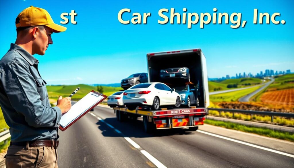 A vibrant scene showcasing “Best Car Shipping Inc” in action, focusing on a large transport truck loaded with various cars, including sedans and SUVs, ready for shipment. In the foreground, a professional driver in casual business attire inspects the vehicle with a clipboard, embodying a sense of reliability. The middle ground features the transport truck on an open highway, surrounded by rolling green hills under a clear blue sky, creating a sense of freedom and movement. The background includes a distant city skyline, symbolizing the nationwide reach of the transport service. Natural lighting captures the vibrant colors of the vehicles and landscape, emphasizing clarity and professionalism. The atmosphere conveys efficiency and trust, ideal for potential customers considering vehicle transport.