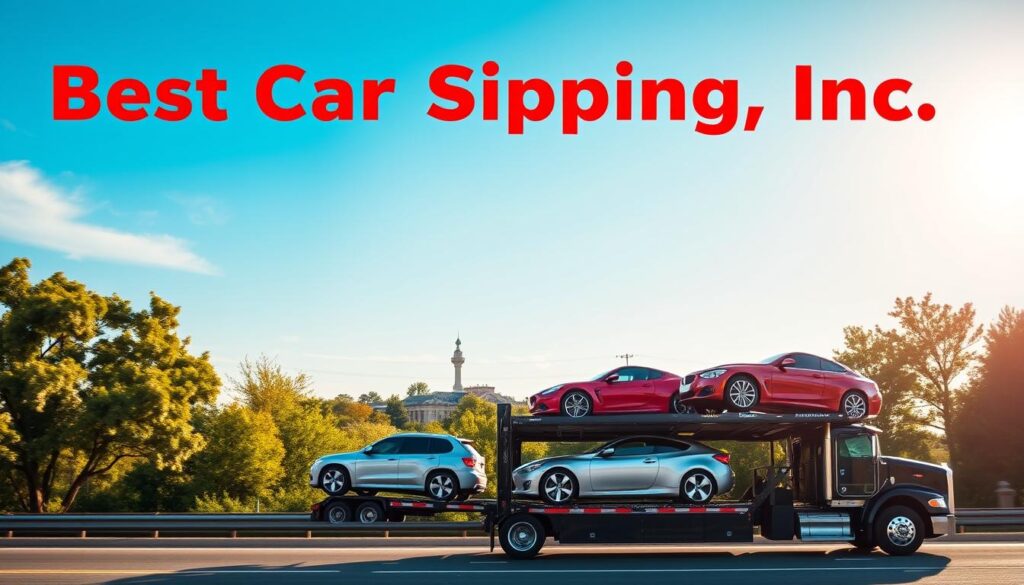 A vibrant scene showcasing "Best Car Shipping Inc" in action, with a car transport truck loaded with vehicles in the foreground. The truck is sleek and modern, exemplifying reliable auto transport, painted in an eye-catching color scheme. In the middle ground, a picturesque view of Denham Springs, Louisiana, with green trees and a clear blue sky, conveys a sense of community and tranquility. The background features a well-known local landmark, subtly integrated to establish location context. Soft, natural lighting creates an inviting atmosphere, with the sun casting gentle shadows. Capture the scene from a slightly elevated angle to emphasize the movement of the truck, instilling a sense of trust and professionalism inherent in car shipping services.
