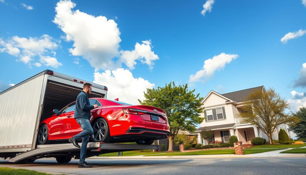A vibrant scene showcasing "Best Car Shipping Inc." actively engaged in door-to-door car shipping in Fort Wright, Kentucky. In the foreground, a professional delivery driver in smart casual attire is unloading a shiny, red sedan from a sleek transport truck. In the middle ground, the transport truck is parked on a tree-lined suburban street, with a modern two-story home visible, conveying a friendly neighborhood atmosphere. The background features clear blue skies and fluffy white clouds, enhancing the sense of a beautiful day. Soft, natural lighting creates a warm and inviting ambiance, while a wide-angle perspective captures the entire scene, emphasizing the efficiency and professionalism of the car shipping process. A vibrant scene showcasing "Best Car Shipping Inc." actively engaged in door-to-door car shipping in Fort Wright, Kentucky. In the foreground, a professional delivery driver in smart casual attire is unloading a shiny, red sedan from a sleek transport truck. In the middle ground, the transport truck is parked on a tree-lined suburban street, with a modern two-story home visible, conveying a friendly neighborhood atmosphere. The background features clear blue skies and fluffy white clouds, enhancing the sense of a beautiful day. Soft, natural lighting creates a warm and inviting ambiance, while a wide-angle perspective captures the entire scene, emphasizing the efficiency and professionalism of the car shipping process.