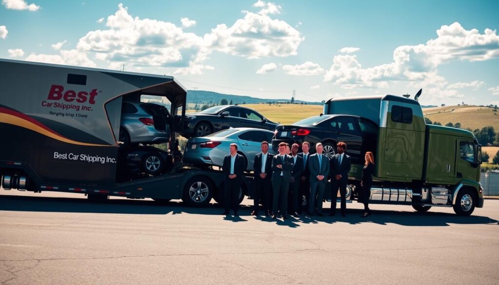 A vibrant scene showcasing a bustling car shipping yard in Georgetown, Kentucky, during a sunny afternoon. In the foreground, several well-maintained vehicles are loaded onto a sleek auto transport truck branded with "Best Car Shipping Inc," gleaming under natural sunlight. The middle layer features a diverse group of professional staff in smart business attire, skillfully overseeing the loading process and coordinating the logistics, embodying expertise and efficiency. The background reveals a picturesque view of the Kentucky landscape with rolling hills and a bright blue sky. Use bright, clear lighting and a slightly elevated angle to capture the entire scene, highlighting the dynamic atmosphere of expert auto transport and car shipping services in action. A vibrant scene showcasing a bustling car shipping yard in Georgetown, Kentucky, during a sunny afternoon. In the foreground, several well-maintained vehicles are loaded onto a sleek auto transport truck branded with "Best Car Shipping Inc," gleaming under natural sunlight. The middle layer features a diverse group of professional staff in smart business attire, skillfully overseeing the loading process and coordinating the logistics, embodying expertise and efficiency. The background reveals a picturesque view of the Kentucky landscape with rolling hills and a bright blue sky. Use bright, clear lighting and a slightly elevated angle to capture the entire scene, highlighting the dynamic atmosphere of expert auto transport and car shipping services in action.