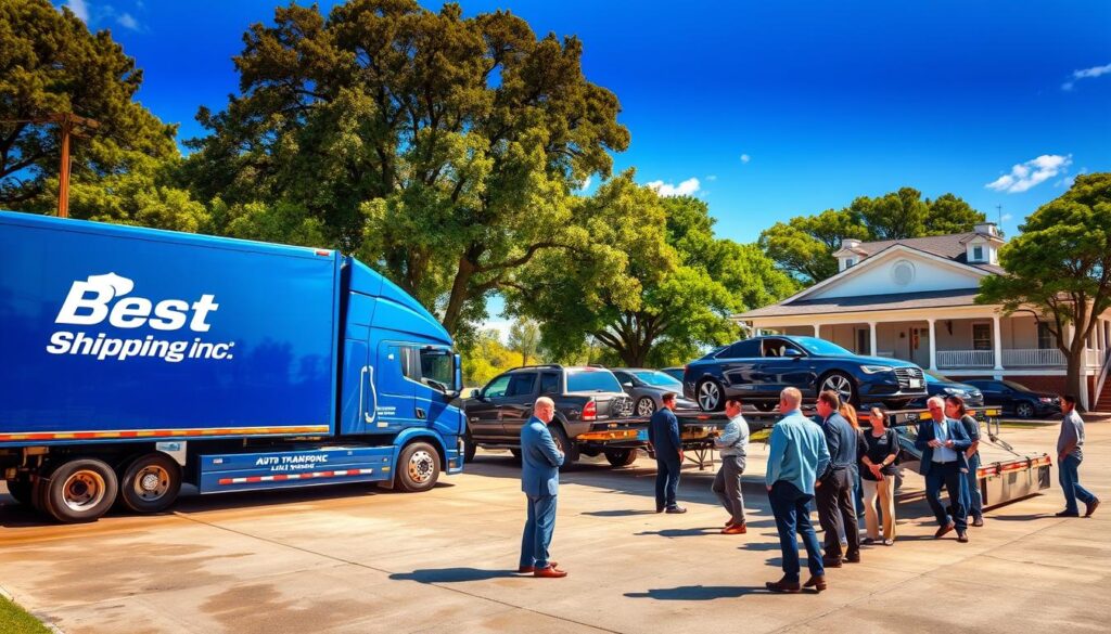 A vibrant scene showcasing a busy auto transport location in New Iberia, Louisiana. In the foreground, a shiny blue transport truck bearing the logo "Best Car Shipping Inc" parks near a loading dock, with several vehicles being unloaded. In the middle ground, a diverse group of professional workers, dressed in smart business casual attire, coordinate the loading and unloading process, ensuring safety and efficiency. The background features lush Louisiana greenery, with classic southern architecture visible under a clear blue sky. Warm sunlight filters through the trees, creating a welcoming and reliable atmosphere. The image should be captured from a slightly elevated angle, providing a comprehensive view of the bustling activity while evoking a sense of trust and professionalism in auto transport services.