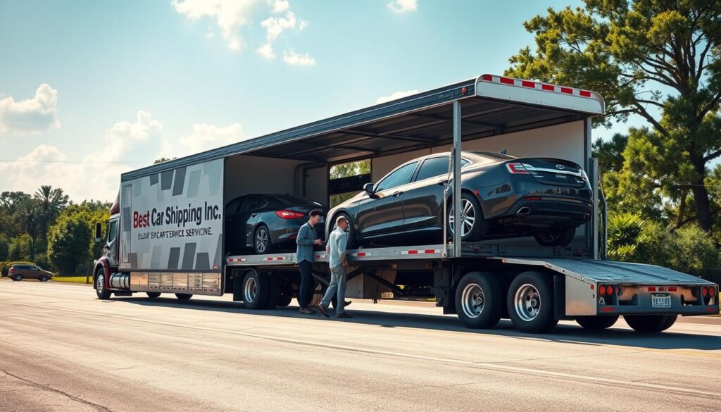 A vibrant scene showcasing a car shipping service in Zachary, Louisiana, with a professional car transport truck prominently displayed in the foreground, featuring the logo "Best Car Shipping Inc". The truck is loaded with a selection of vehicles, including a sleek sedan and a rugged SUV, indicating versatility in service. In the middle, a well-maintained loading dock is visible, with workers dressed in professional attire efficiently managing the loading process, reflecting expertise and safety. The background features a clear Southern sky, with lush greenery characteristic of Louisiana, enhancing the local context. Soft, natural lighting illuminates the scene, casting gentle shadows that add depth. The overall mood is industrious yet inviting, capturing the essence of reliable car shipping and auto transport services.