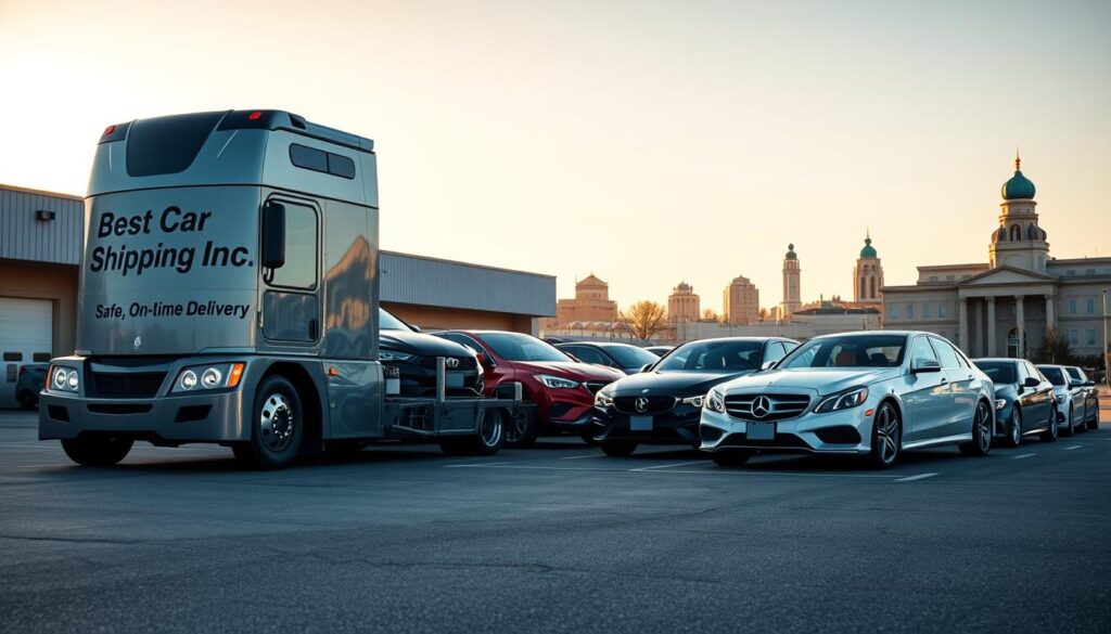 A vibrant scene showcasing a professional vehicle transport operation in Bowling Green, Kentucky. In the foreground, a sleek, modern car transport truck labeled "Best Car Shipping Inc" is parked beside a well-organized depot, ready for loading vehicles. The middle ground features several pristine cars lined up, showcasing various colors and models, suggesting safe, on-time delivery. In the background, recognizable landmarks of Bowling Green provide context, basking in the warm glow of golden hour lighting. The atmosphere is bustling yet orderly, reflecting reliability and professionalism. A low angle perspective enhances the truck's imposing stature, while soft, natural lighting highlights the gleam of the vehicles, creating an inviting and trustworthy scene.