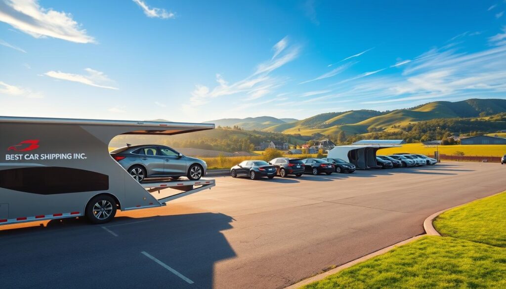 A vibrant scene showcasing an auto transport service in Campbellsville, Kentucky. In the foreground, a sleek, modern car carrier truck, branded with "Best Car Shipping Inc," is parked, displaying a variety of cars ready for shipment, including a luxury sedan and an SUV. The middle ground features a well-kept transport yard with additional vehicles lined up, under the soft glow of early morning sunlight. In the background, the well-known Campbellsville skyline can be seen, with green hills and blue skies adding to the calm atmosphere. The composition should be shot from a slightly elevated angle to capture the full scope of the service area, conveying a sense of reliability and professionalism in the auto transport industry.