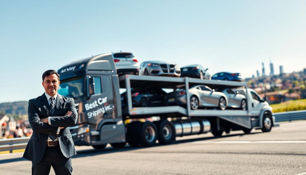 A vibrant scene showcasing auto transport services in Fort Wright, Kentucky. In the foreground, a professional driver in business attire confidently stands next to a sleek, modern auto transport truck emblazoned with the brand name "Best Car Shipping Inc." The middle ground features a variety of vehicles loaded onto the truck, showcasing different makes and models, highlighting the comprehensive shipping services. In the background, the charming skyline of Fort Wright is visible, under a clear blue sky, subtly conveying the town’s essence. The lighting is bright and natural, creating a welcoming atmosphere, ideal for a reliable auto transport service. A slight angled view captures the truck in action, emphasizing the movement and efficiency of the service. The overall mood is professional and trustworthy, reflecting a commitment to customer satisfaction and timely delivery. A vibrant scene showcasing auto transport services in Fort Wright, Kentucky. In the foreground, a professional driver in business attire confidently stands next to a sleek, modern auto transport truck emblazoned with the brand name "Best Car Shipping Inc." The middle ground features a variety of vehicles loaded onto the truck, showcasing different makes and models, highlighting the comprehensive shipping services. In the background, the charming skyline of Fort Wright is visible, under a clear blue sky, subtly conveying the town’s essence. The lighting is bright and natural, creating a welcoming atmosphere, ideal for a reliable auto transport service. A slight angled view captures the truck in action, emphasizing the movement and efficiency of the service. The overall mood is professional and trustworthy, reflecting a commitment to customer satisfaction and timely delivery.