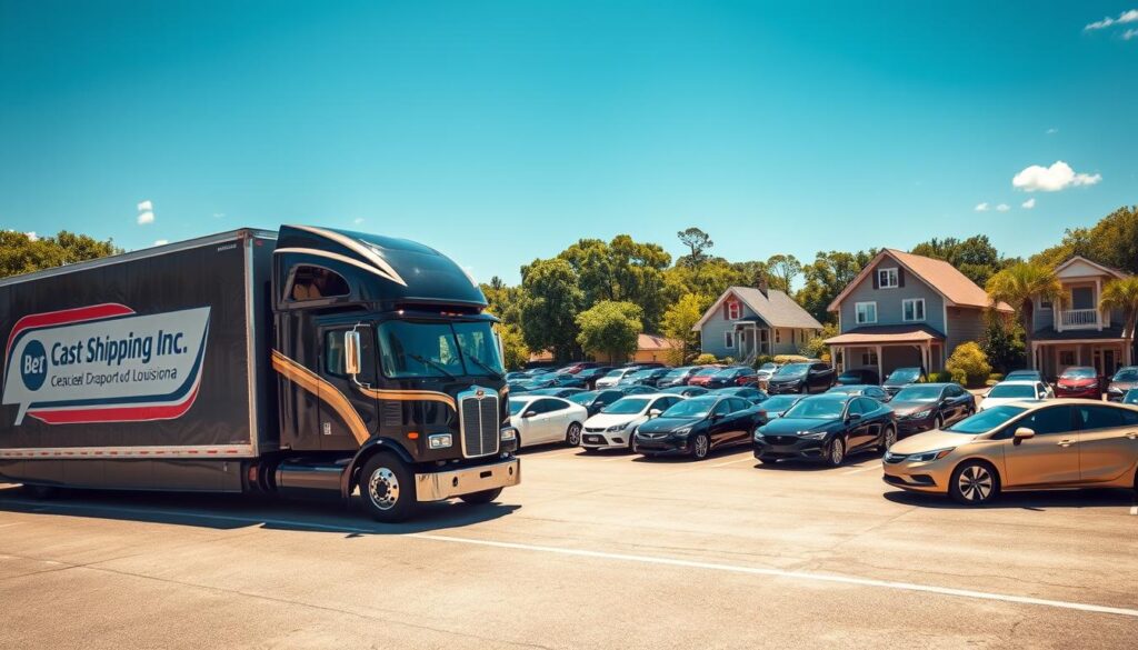 A vibrant scene showcasing car shipping and auto transport in Jennings, Louisiana. In the foreground, a sleek transport truck emblazoned with the brand "Best Car Shipping Inc" is delicately unloading vehicles, including sedans and SUVs, under a bright blue sky. The middle ground features a well-organized transport yard filled with parked cars, highlighting a variety of models and colors, indicative of the shipment process. The background showcases lush greenery typical of Louisiana, with hints of local architecture peeking through, such as charming southern-style homes. The lighting is warm and sunny, creating a cheerful atmosphere that reflects the professionalism and reliability of car transport services. The angle captures both the action of unloading vehicles and the surrounding environment, providing a comprehensive view of the auto transport scene. A vibrant scene showcasing car shipping and auto transport in Jennings, Louisiana. In the foreground, a sleek transport truck emblazoned with the brand "Best Car Shipping Inc" is delicately unloading vehicles, including sedans and SUVs, under a bright blue sky. The middle ground features a well-organized transport yard filled with parked cars, highlighting a variety of models and colors, indicative of the shipment process. The background showcases lush greenery typical of Louisiana, with hints of local architecture peeking through, such as charming southern-style homes. The lighting is warm and sunny, creating a cheerful atmosphere that reflects the professionalism and reliability of car transport services. The angle captures both the action of unloading vehicles and the surrounding environment, providing a comprehensive view of the auto transport scene.