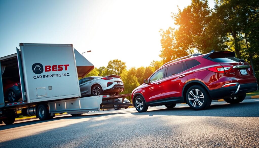 A vibrant scene showcasing car shipping and auto transport in Ruston, Louisiana. In the foreground, a professional-looking transport truck with the brand name "Best Car Shipping Inc" prominently displayed on its side, loading cars carefully onto its flatbed. The middle ground features several parked cars awaiting transport, including a shiny red sedan and a rugged SUV, reflecting the sunny Louisiana sky. In the background, the lush greenery typical of Ruston’s landscape frames the scene, with a clear blue sky and soft, warm sunlight casting inviting shadows. Capture the mood of reliability and professionalism in this transportation service while emphasizing a safe, organized, and efficient operation. Use a wide-angle lens to encompass the whole scene with a slight depth of field for a dynamic feel. A vibrant scene showcasing car shipping and auto transport in Ruston, Louisiana. In the foreground, a professional-looking transport truck with the brand name "Best Car Shipping Inc" prominently displayed on its side, loading cars carefully onto its flatbed. The middle ground features several parked cars awaiting transport, including a shiny red sedan and a rugged SUV, reflecting the sunny Louisiana sky. In the background, the lush greenery typical of Ruston’s landscape frames the scene, with a clear blue sky and soft, warm sunlight casting inviting shadows. Capture the mood of reliability and professionalism in this transportation service while emphasizing a safe, organized, and efficient operation. Use a wide-angle lens to encompass the whole scene with a slight depth of field for a dynamic feel.