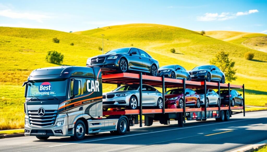 A vibrant scene showcasing car shipping and auto transport in Scottsville, Kentucky. In the foreground, a modern car carrier truck with the logo "Best Car Shipping Inc" prominently displayed, loaded with a variety of vehicles, including sedans and SUVs. The middle ground features a well-organized auto transport yard, with bright blue skies overhead and soft, natural lighting enhancing the scene. In the background, rolling hills typical of Kentucky, with a few trees dotted around, add a touch of local charm. The atmosphere is professional yet welcoming, conveying a sense of reliability and efficiency in car shipping services. Capture this angle from a slightly elevated perspective to encompass both the truck and the yard, ensuring a balanced composition that reflects the essence of auto transport in the region.