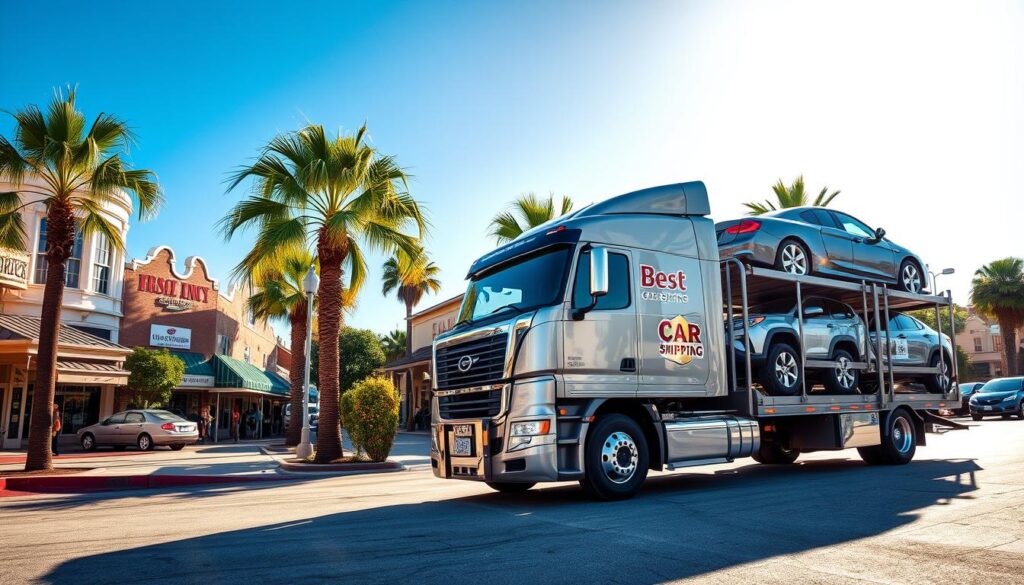 A vibrant scene showcasing reliable car shipping and auto transport in Chalmette, Louisiana. In the foreground, a modern, shiny car transport truck, emblazoned with the brand name "Best Car Shipping Inc," is parked in a bustling loading area. The truck features multiple vehicles securely transported on its flatbed. In the middle ground, local businesses and palm trees line the street, illustrating the warm, friendly atmosphere of Chalmette. The background captures a clear blue sky and the distinctive architecture of Louisiana, with historic buildings and lush greenery. The sunlight casts a warm glow, enhancing the productivity and trust associated with car shipping services. The angle is slightly elevated, providing a comprehensive view of the transport scene. Convey a sense of reliability, professionalism, and community engagement in the overall mood.