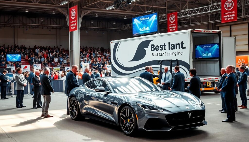 A vibrant scene showcasing the car transport process in an auction setting. In the foreground, a sleek, high-end vehicle just won at auction, gleaming under soft, diffused natural light, surrounded by a professional, diverse group of individuals dressed in business attire, eagerly discussing the next steps of the shipping process. In the middle ground, a large, modern transport truck from "Best Car Shipping Inc" is parked, ready to load the vehicle, with an open rear ramp and a forklift preparing to assist. In the background, a bustling auction house with enthusiastic bidders and digital screens displaying bids. The atmosphere is dynamic yet organized, conveying a sense of reliability and professionalism, captured from a slightly elevated angle to encompass the full scene.
