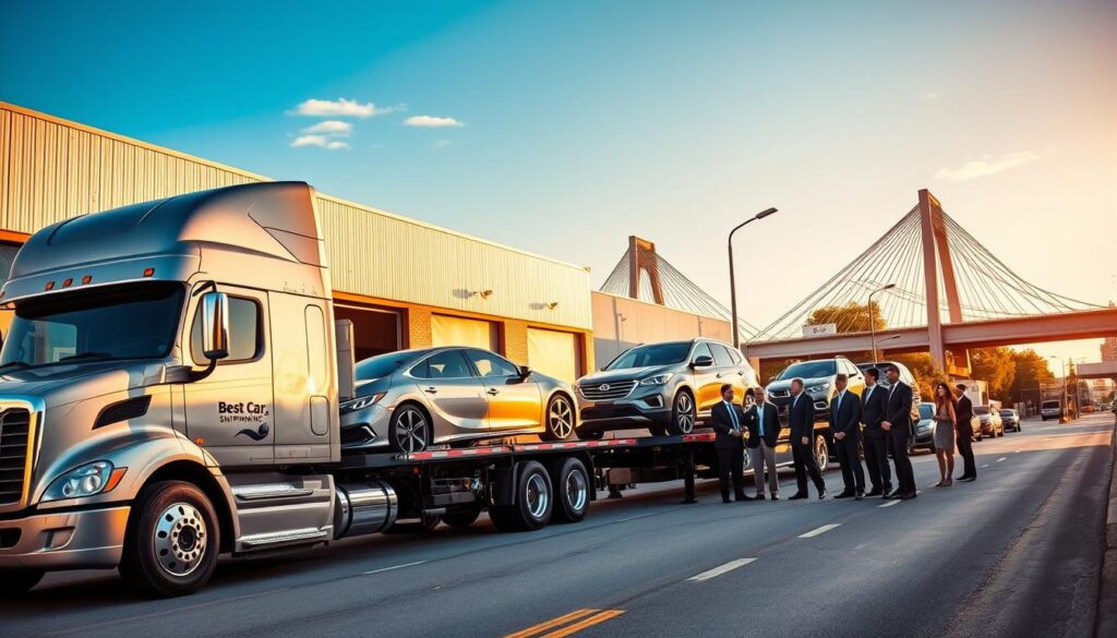 A vibrant street scene in Bossier City, Louisiana, showcasing a bustling auto transport hub. In the foreground, a sleek transport truck labeled "Best Car Shipping Inc" is parked, with shiny cars carefully loaded onto its trailer. The middle ground features a modern warehouse, highlighting the efficiency of the car shipping industry, while a diverse group of professionals in smart business attire discuss logistics. In the background, iconic Bossier City landmarks, like the riverfront and bridges, under a bright blue sky enhance the lively atmosphere. Warm, natural lighting highlights the activity, creating a sense of optimism and opportunity. The angle captures the vibrancy of the city, emphasizing its role as a key hub for auto transport.