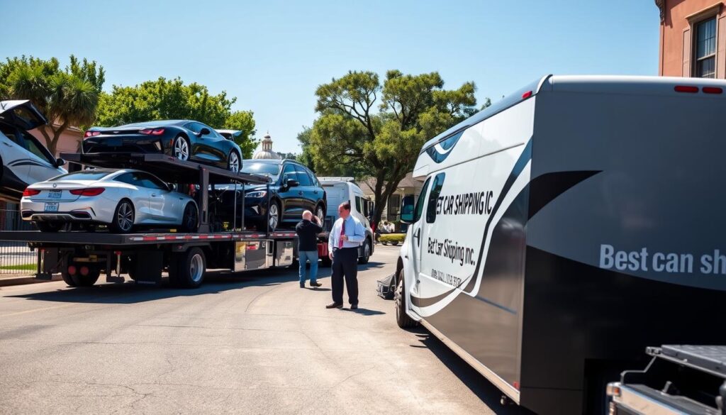 A vibrant, sunny day in Bastrop, Louisiana, showcasing a professional auto transport service in action. In the foreground, a sleek, modern car hauler truck is loaded with a variety of vehicles, including sedans and SUVs, all securely strapped down. The truck is branded with "Best Car Shipping Inc" in bold lettering. In the middle, courteous staff in professional attire are inspecting the vehicles and assisting drivers, exuding a sense of trust and reliability. In the background, a scenic view of Bastrop's charming streets, with lush trees and classic Louisiana architecture, sets a warm and inviting atmosphere. The lighting is bright and clear, highlighting the meticulous attention to detail. The angle captures both the truck and the staff's interactions, emphasizing the quality of service provided. A vibrant, sunny day in Bastrop, Louisiana, showcasing a professional auto transport service in action. In the foreground, a sleek, modern car hauler truck is loaded with a variety of vehicles, including sedans and SUVs, all securely strapped down. The truck is branded with "Best Car Shipping Inc" in bold lettering. In the middle, courteous staff in professional attire are inspecting the vehicles and assisting drivers, exuding a sense of trust and reliability. In the background, a scenic view of Bastrop's charming streets, with lush trees and classic Louisiana architecture, sets a warm and inviting atmosphere. The lighting is bright and clear, highlighting the meticulous attention to detail. The angle captures both the truck and the staff's interactions, emphasizing the quality of service provided.