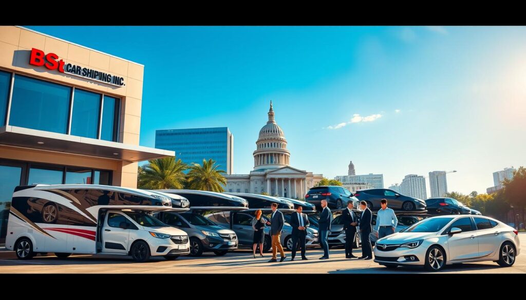 A vibrant urban setting in Baton Rouge, Louisiana, showcasing "Best Car Shipping Inc" with a modern office building in the foreground, featuring large windows and a welcoming entrance. In the middle, several car transport vehicles stand ready, illustrating reliable auto transport services, with a diverse group of professionals in business attire discussing logistics and options. The background includes iconic Baton Rouge landmarks, like the State Capitol building under a clear blue sky, creating a sense of place. The lighting is bright and natural, emphasizing a sunny day, while a slight lens flare adds warmth. The overall mood is professional and trustworthy, reflecting a strong commitment to quality auto transport services.