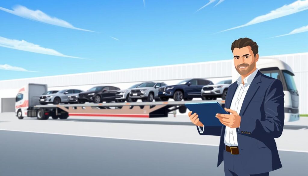A visually appealing illustration showcasing the process of obtaining an instant quote for car shipping. In the foreground, depict a friendly, professional representative from "Best Car Shipping Inc" wearing a smart business outfit, engaging with a customer while using a digital tablet. In the middle ground, showcase various cars—sedans, SUVs, and trucks—on a sleek, modern car carrier truck. The background may feature a well-organized logistics center with clear blue skies and subtle, soft clouds. Use natural daylight to create a bright and welcoming atmosphere, emphasizing trust and reliability. The angle should be slightly elevated to capture all elements harmoniously. Aim for a clean and professional look that communicates efficiency in car transport services. A visually appealing illustration showcasing the process of obtaining an instant quote for car shipping. In the foreground, depict a friendly, professional representative from "Best Car Shipping Inc" wearing a smart business outfit, engaging with a customer while using a digital tablet. In the middle ground, showcase various cars—sedans, SUVs, and trucks—on a sleek, modern car carrier truck. The background may feature a well-organized logistics center with clear blue skies and subtle, soft clouds. Use natural daylight to create a bright and welcoming atmosphere, emphasizing trust and reliability. The angle should be slightly elevated to capture all elements harmoniously. Aim for a clean and professional look that communicates efficiency in car transport services.