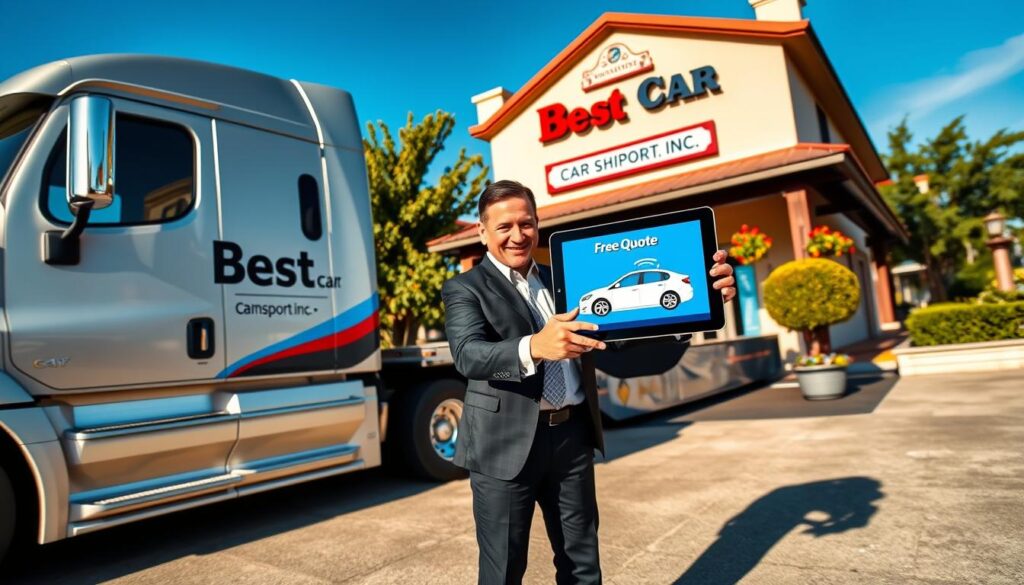 A visually captivating scene depicting a sleek, modern car transport truck parked outside a vibrant auto transport office in Arcadia, Louisiana. In the foreground, the truck is prominently displayed, showcasing the brand name "Best Car Shipping Inc" on its side. The middle ground features a friendly, professional representative in business attire, gesturing toward a digital tablet illustrating the concept of a "Free Quote" with car graphics. In the background, the charm of Arcadia is visible, with lush greenery and quaint architecture under a bright blue sky. The lighting is warm and inviting, suggesting a sunny day, with soft shadows that enhance the scene's professional atmosphere. The angle is slightly elevated, providing a comprehensive view of the action without containing any text or logos in the image.