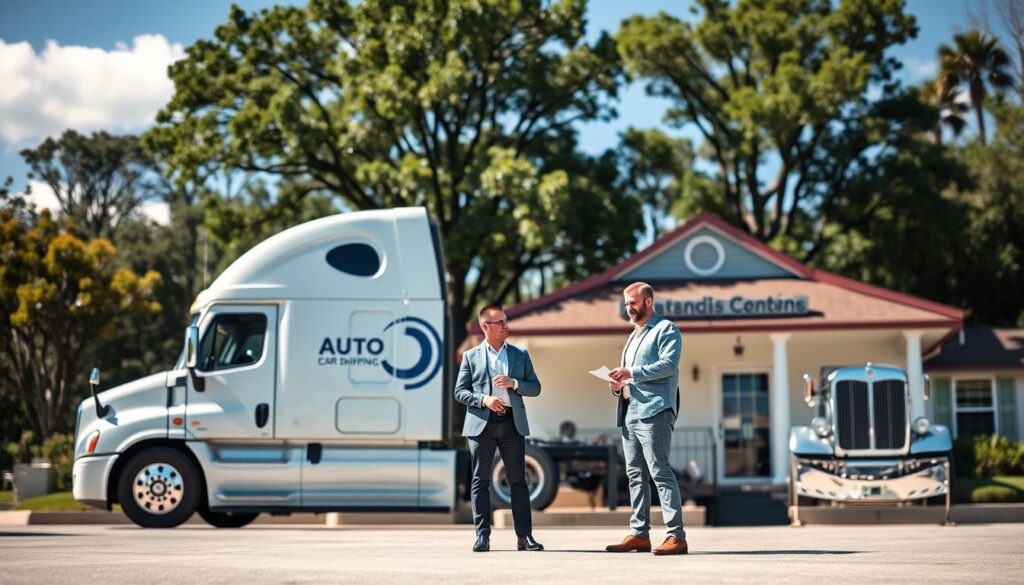 A visually engaging scene depicting a sleek, modern auto transport truck parked in front of a charming auto shop in Berwick, Louisiana. In the foreground, the truck displays the brand name "Best Car Shipping Inc" prominently on its side. In the middle, a professional-looking agent, dressed in business attire, is discussing logistics with a satisfied customer, who is casually dressed. The background features lush Louisiana scenery with green trees and a blue sky, highlighting a sunny day. The composition should use natural lighting to emphasize the trust and reliability of the service, with a slight depth of field to draw focus on the interaction between the agent and the customer while keeping the truck as a key element in the scene. The overall mood is optimistic and professional.
