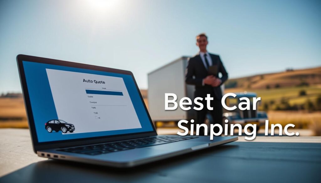 A visually engaging scene that illustrates the concept of auto transport quotes in Hustonville, Kentucky. In the foreground, focus on a sleek, modern laptop displaying a glowing quote form with a car icon nearby, symbolizing car shipping. The middle layer features a friendly, professional-looking individual in smart business attire, engaged in the process of filling out the quote, exuding a sense of efficiency and reliability. In the background, a sunny Kentucky landscape with rolling hills and a clear blue sky adds to the serene vibe. Soft, natural lighting creates a warm atmosphere, while a slight depth of field emphasizes the laptop and the individual. Then, subtly incorporate the brand name "Best Car Shipping Inc" into the scene, ensuring it blends harmoniously without being overpowering.