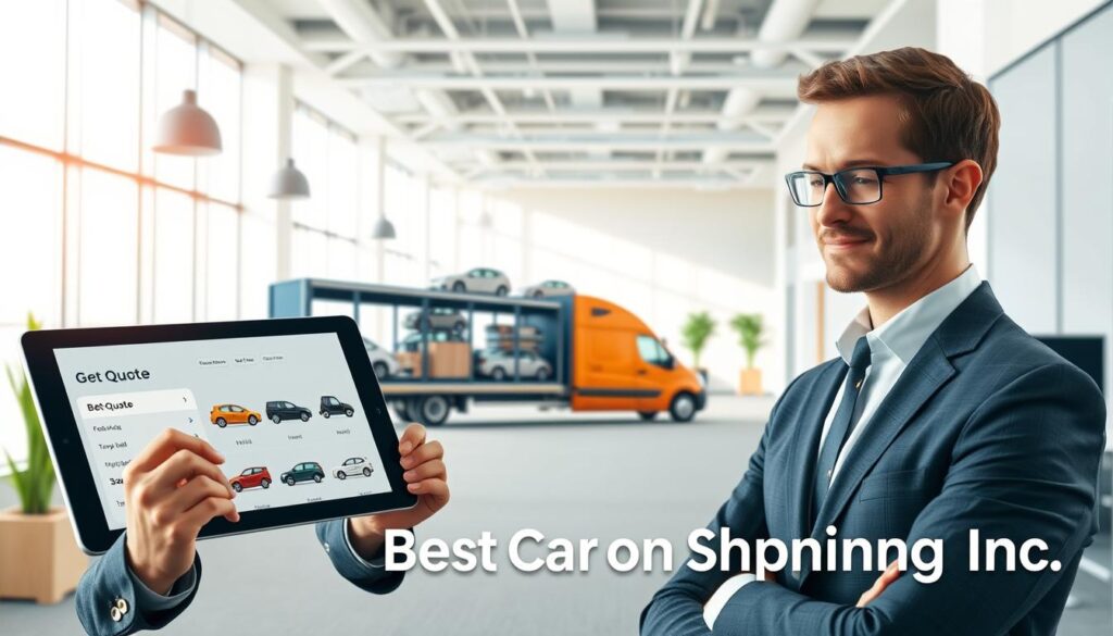 A visually striking image depicting a sleek, modern office setting focused on car shipping services. In the foreground, a professional-looking person in business attire is interacting with a digital tablet, showcasing a "Get Quote" interface filled with car illustrations and pricing details. The middle ground features a stylish graphic design of a transport truck loaded with vehicles ready for shipment, symbolizing reliable auto transport. The background presents a bright and contemporary office space with large windows, natural lighting streaming in, and subtle automotive décor reflecting the theme of car shipping. The atmosphere is clean, professional, and inviting, with the brand name "Best Car Shipping Inc" subtly integrated into the design elements, reinforcing the company’s identity. A visually striking image depicting a sleek, modern office setting focused on car shipping services. In the foreground, a professional-looking person in business attire is interacting with a digital tablet, showcasing a "Get Quote" interface filled with car illustrations and pricing details. The middle ground features a stylish graphic design of a transport truck loaded with vehicles ready for shipment, symbolizing reliable auto transport. The background presents a bright and contemporary office space with large windows, natural lighting streaming in, and subtle automotive décor reflecting the theme of car shipping. The atmosphere is clean, professional, and inviting, with the brand name "Best Car Shipping Inc" subtly integrated into the design elements, reinforcing the company’s identity.