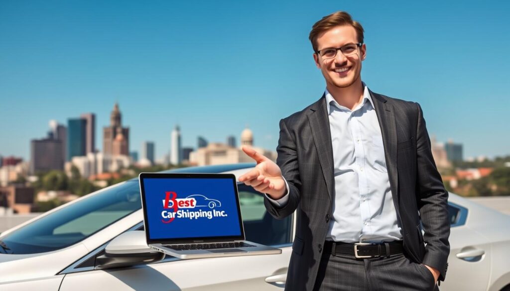 A visually striking image depicting the concept of "Get Free Vehicle Shipping Quotes in Greensburg." In the foreground, a professional and friendly individual in business attire, standing next to a sleek car, gesturing towards a modern laptop displaying the "Best Car Shipping Inc" logo. In the middle ground, a well-defined cityscape of Greensburg, Kentucky, showcasing recognizable landmarks to establish the location. The background features a clear blue sky, symbolizing reliability and trust. The lighting is bright and inviting, suggesting an efficient and customer-friendly atmosphere. The angle should be slightly elevated, focusing on both the person and the vehicle, creating a sense of connection and approachability.