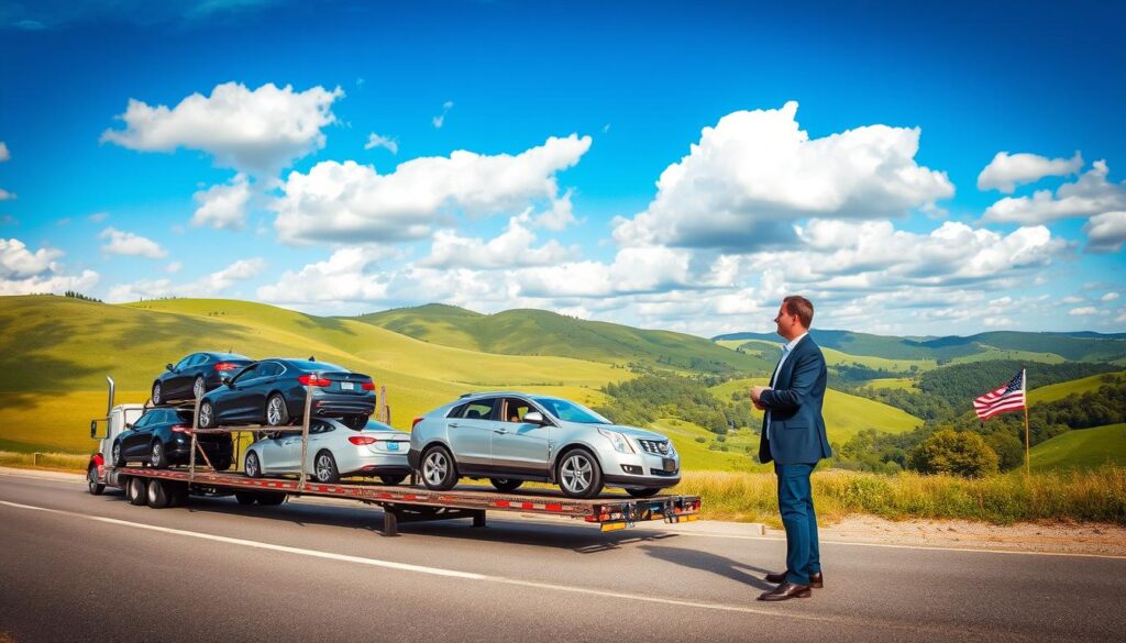 A visually striking image illustrating various auto transport options in a picturesque setting in Prestonsburg, Kentucky. In the foreground, a transport truck carrying several vehicles, including sedans and SUVs, showcases reliability. The middle ground features a professional representative from "Best Car Shipping Inc" in business attire, discussing options with a customer, highlighting a personal touch. The background features rolling green hills and scenic landscapes typical of Kentucky, under a bright blue sky filled with soft, fluffy clouds. The lighting is warm and inviting, creating a positive and trustworthy atmosphere. Use a wide-angle lens to capture a comprehensive view of the scene, accentuating the connection between the transport options and the local environment while maintaining a clean and clear composition.