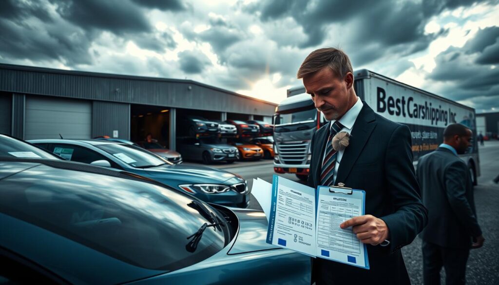 A visually striking image representing the concept of storage fees for auction cars. In the foreground, a detailed view of an auto transport truck parked next to a warehouse, showcasing several cars in varying conditions, including some with expired auction documents, to signify delays in transport. In the middle ground, a professional-looking man in business attire examines a clipboard with calculations, symbolizing the importance of timely transport plans. The background features a cloudy sky with dramatic lighting, hinting at urgency and the potential costs of delayed transport. The scene is framed to evoke a serious yet hopeful atmosphere, emphasizing logistics and planning in the auto auction world. Incorporate the brand name "Best Car Shipping Inc" on the truck's side.