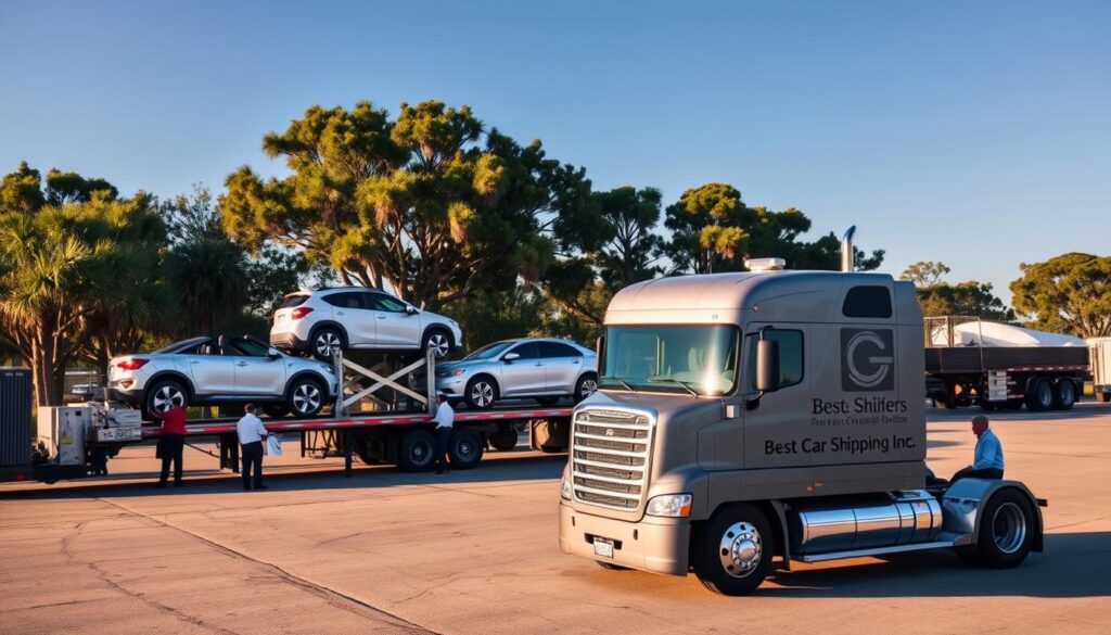 A vivid scene depicting a professional car shipping service in Elton, Louisiana. In the foreground, a sleek, modern transport truck with the brand name "Best Car Shipping Inc" prominently displayed is parked, showcasing various vehicles securely loaded on it. The middle ground features a well-organized auto transport yard, with workers in professional attire inspecting cars and coordinating logistics. In the background, lush Louisiana scenery, including cypress trees and a clear blue sky, creates a peaceful and trustworthy atmosphere. The lighting is warm, suggesting early morning or late afternoon, enhancing the feeling of reliability and professionalism. The camera angle is slightly elevated, capturing the entire setup while emphasizing the efficiency and care of the service. A vivid scene depicting a professional car shipping service in Elton, Louisiana. In the foreground, a sleek, modern transport truck with the brand name "Best Car Shipping Inc" prominently displayed is parked, showcasing various vehicles securely loaded on it. The middle ground features a well-organized auto transport yard, with workers in professional attire inspecting cars and coordinating logistics. In the background, lush Louisiana scenery, including cypress trees and a clear blue sky, creates a peaceful and trustworthy atmosphere. The lighting is warm, suggesting early morning or late afternoon, enhancing the feeling of reliability and professionalism. The camera angle is slightly elevated, capturing the entire setup while emphasizing the efficiency and care of the service.