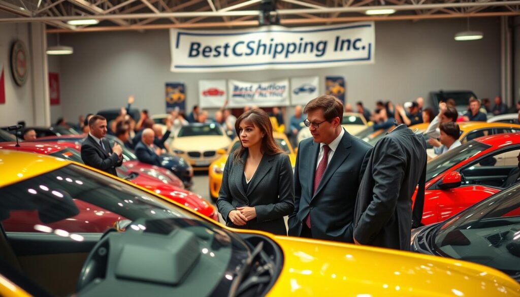 A well-lit auction house interior bustling with activity, showcasing a diverse range of cars up for bidding. In the foreground, a professional couple in modest business attire examines a car meticulously, discussing its features and pricing, reflecting thoughtful consideration of their budget and risk tolerance. The middle ground features an auctioneer energetically presenting vehicles, with eager bidders raising paddles. In the background, a large banner reads "Best Car Shipping Inc," emphasizing the shipping service for successful buyers. The atmosphere is filled with excitement and anticipation, capturing the thrill of the auction process. The lighting is bright and inviting, highlighting the vibrant colors of the cars. The camera angle is slightly elevated, providing a comprehensive view of the auction scene.