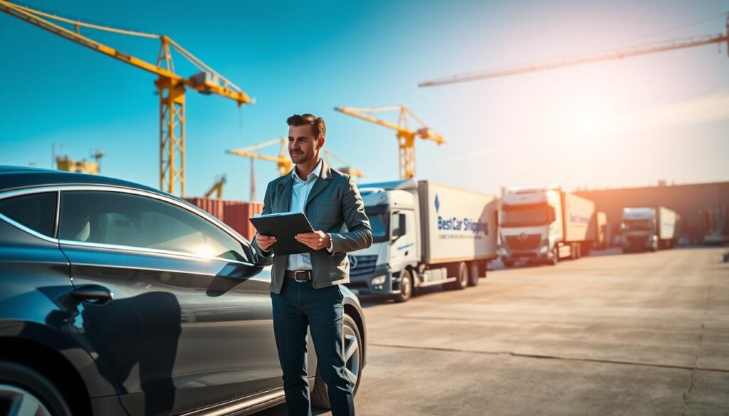 A well-organized Copart delivery process scene set in a bustling shipping yard in the United States. In the foreground, a professional employee dressed in business casual attire stands next to a sleek, shiny car, inspecting it with a clipboard in hand. In the middle ground, several delivery trucks from "Best Car Shipping Inc" are parked, with drivers loading vehicles onto them, showcasing efficient logistics. The background features a clear blue sky, with cranes and storage containers, depicting a busy atmosphere. Soft, natural sunlight illuminates the scene, creating an optimistic and professional mood. A slight depth of field effect emphasizes the worker in the foreground while gently blurring the background, enhancing focus on the delivery process.