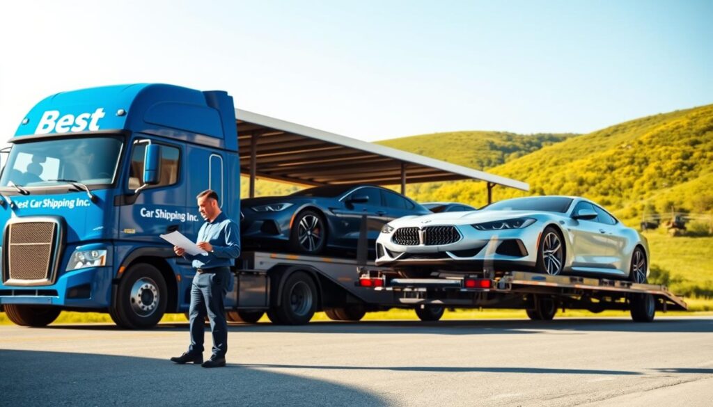 A well-organized auto transport service scene showcasing a blue truck with "Best Car Shipping Inc" branded prominently, transporting sleek cars under a bright, clear Kentucky sky. In the foreground, include a professional driver in business attire, inspecting the vehicle loading area with a clipboard. The middle ground features additional vehicles being carefully loaded onto a multi-car carrier, with a sense of movement and efficiency. In the background, incorporate the lush, green hills characteristic of Vanceburg, KY, adding depth to the scene. The lighting is warm and inviting, casting soft shadows, creating a dynamic yet trustworthy atmosphere. The angle should be slightly elevated to capture both the truck and the surrounding landscape effectively. A well-organized auto transport service scene showcasing a blue truck with "Best Car Shipping Inc" branded prominently, transporting sleek cars under a bright, clear Kentucky sky. In the foreground, include a professional driver in business attire, inspecting the vehicle loading area with a clipboard. The middle ground features additional vehicles being carefully loaded onto a multi-car carrier, with a sense of movement and efficiency. In the background, incorporate the lush, green hills characteristic of Vanceburg, KY, adding depth to the scene. The lighting is warm and inviting, casting soft shadows, creating a dynamic yet trustworthy atmosphere. The angle should be slightly elevated to capture both the truck and the surrounding landscape effectively.