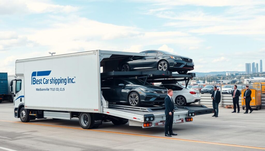 A well-organized vehicle shipping service scene featuring a modern car transport truck labeled "Best Car Shipping Inc" at a busy transportation hub in Madisonville, Kentucky. In the foreground, show the truck loaded with sleek cars strapped securely, conveying a sense of safety. In the middle ground, include professional employees in business attire conducting inspections and managing logistics, with a focus on their attentive expressions. The background should feature a clear blue sky with soft clouds and the outline of the city of Madisonville, giving an impression of efficiency and trust. Use natural lighting to highlight the scene, aiming for a balanced composition that evokes a sense of reliability and professionalism, ensuring a clean and engaging atmosphere. A well-organized vehicle shipping service scene featuring a modern car transport truck labeled "Best Car Shipping Inc" at a busy transportation hub in Madisonville, Kentucky. In the foreground, show the truck loaded with sleek cars strapped securely, conveying a sense of safety. In the middle ground, include professional employees in business attire conducting inspections and managing logistics, with a focus on their attentive expressions. The background should feature a clear blue sky with soft clouds and the outline of the city of Madisonville, giving an impression of efficiency and trust. Use natural lighting to highlight the scene, aiming for a balanced composition that evokes a sense of reliability and professionalism, ensuring a clean and engaging atmosphere.
