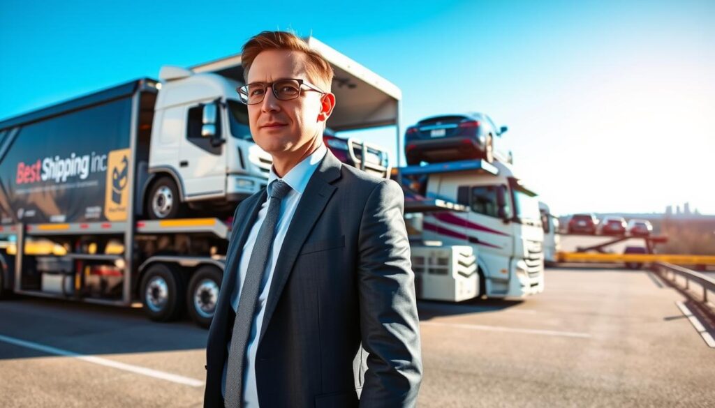 A wide-angle shot of a professional auto transport company scene in Fort Thomas, Kentucky, featuring a fleet of modern car carriers, prominently displaying the logo "Best Car Shipping Inc" on the side. In the foreground, a well-dressed business professional, wearing a tailored suit, is inspecting a vehicle on the truck. The middle ground showcases two car transport trucks loaded with a variety of vehicles, parked securely. The background features a clear blue sky and a distant view of the Fort Thomas skyline, creating a sense of community. The scene is bathed in bright, natural daylight, enhancing the feeling of safety and trustworthiness. The overall mood is efficient and reliable, perfect for illustrating fast, secure auto transport services.