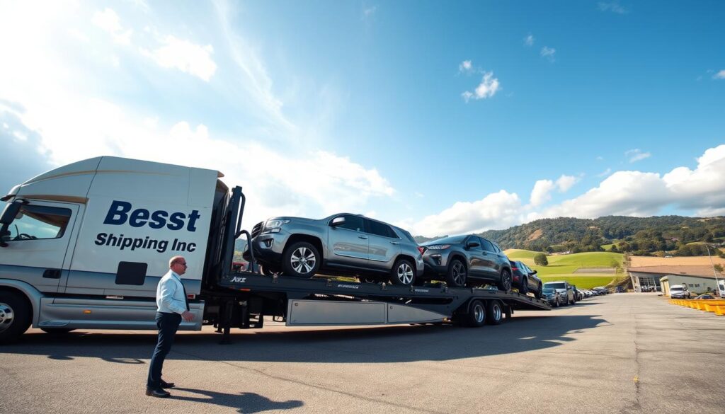 A wide-angle view featuring a modern car transport truck loaded with several vehicles, prominently displaying the brand name "Best Car Shipping Inc" on its side. In the foreground, a professional driver in business attire is inspecting the loaded vehicles, emphasizing safety and care in transport. The middle ground captures the bustling activity of a car shipping yard in Paintsville, Kentucky, with bright blue skies and soft clouds overhead, illuminating the scene with natural sunlight. In the background, rolling hills and greenery typical of Kentucky complement the setting, evoking a sense of reliability and regional connection. The overall mood is industrious yet serene, highlighting professionalism and trust in auto transport.