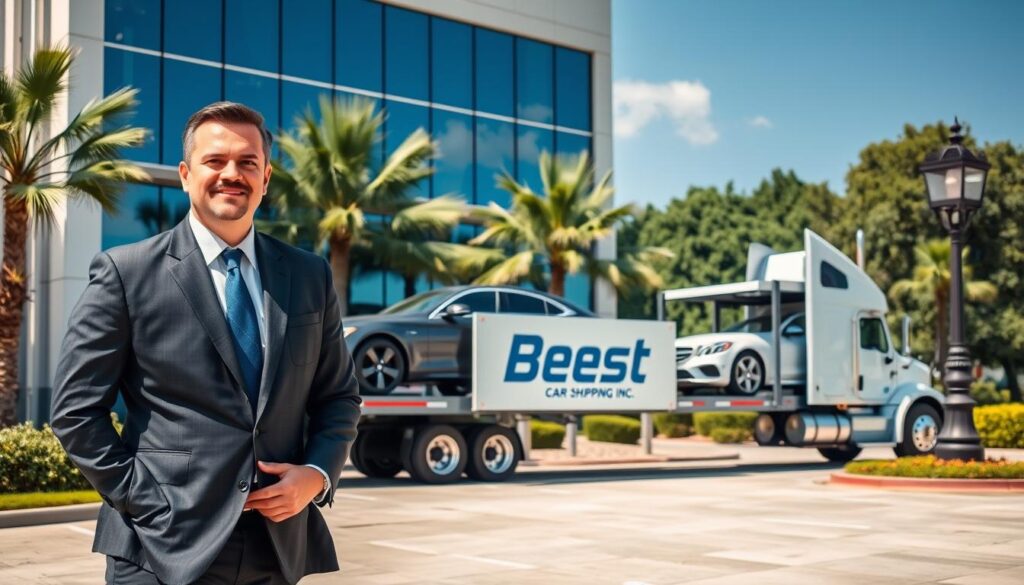 An auto transport company scene showcasing "Best Car Shipping Inc" in Hammond, Louisiana. In the foreground, a professional vehicle transport driver dressed in business attire stands next to a sleek car carrier truck, with pristine automobiles secured on top. In the middle, the truck is prominently displayed with the company's logo, parked in front of a modern office building that features glass windows reflecting a clear blue sky. The background includes lush greenery typical of Louisiana, with a hint of Southern charm, like a vintage lamp post. The lighting is bright and inviting, suggesting a sunny day. The mood is trustworthy and professional, conveying reliability and expertise in auto transport services across the United States.