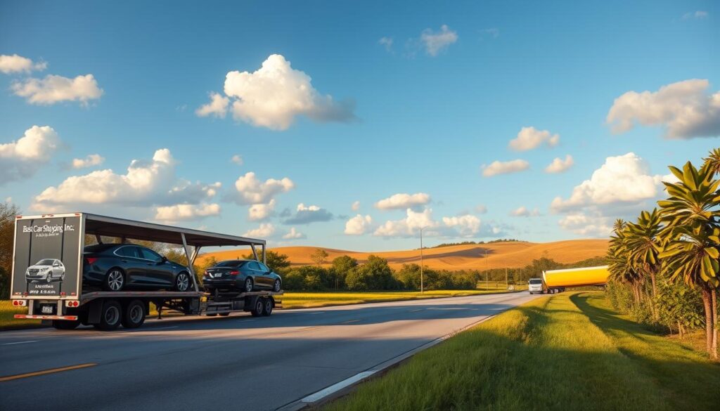 An ideal scene showcasing auto transport in Arcadia, Louisiana. In the foreground, a sleek, modern car carrier truck labeled "Best Car Shipping Inc" is parked, loaded with a variety of vehicles, including a sedan and an SUV. The middle ground features a well-maintained roadside with lush greenery typical of Louisiana, including magnolia trees and sun-drenched fields. In the background, gently rolling hills and a blue sky dotted with fluffy clouds complete the picture, emphasizing a serene and dependable atmosphere. The lighting is warm and inviting, signifying a bright day. The angle should be slightly elevated, capturing the truck's professionalism while showcasing the peaceful landscape. The overall mood is one of trust and reliability, ideal for an auto transport service.