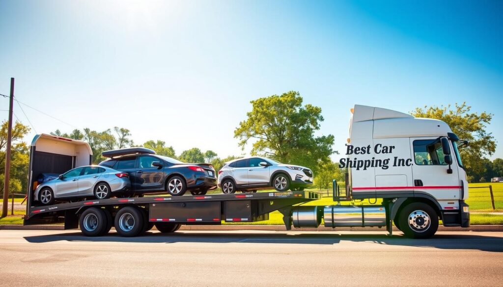 An open carrier car transport truck parked on a sunlit street in Sulphur, Louisiana. In the foreground, there are several vehicles securely loaded on the open trailer, showcasing a variety of colors and styles, including a sedan, a pickup truck, and a compact car. The middle ground features the truck itself, prominently displaying the brand name "Best Car Shipping Inc" on the side in bold lettering. The background includes a rural Louisiana landscape with green trees and a clear blue sky, giving a feeling of openness and reliability. The scene is captured in bright, natural lighting with a slightly elevated angle, emphasizing the scale of the transport vehicle. The atmosphere is professional and inviting, reflecting the dependable nature of car shipping and auto transport.