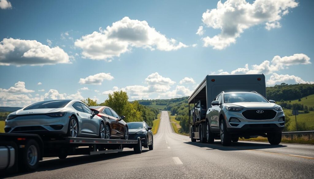 Foreground features a modern car hauler transporting several sleek vehicles, showcasing a diverse range including sedans and SUVs. In the middle ground, a highway lined with green trees stretches through Williamstown, Kentucky, with rolling hills in the distance. The background highlights a bright blue sky with fluffy white clouds, suggesting a sunny day. Soft, natural lighting enhances the scene, casting gentle shadows on the ground. The composition is shot from a slightly elevated angle, providing a clear view of the car shipping process. The atmosphere is efficient and professional, reflecting the service of Best Car Shipping Inc. The overall mood conveys reliability and trust in auto transport.