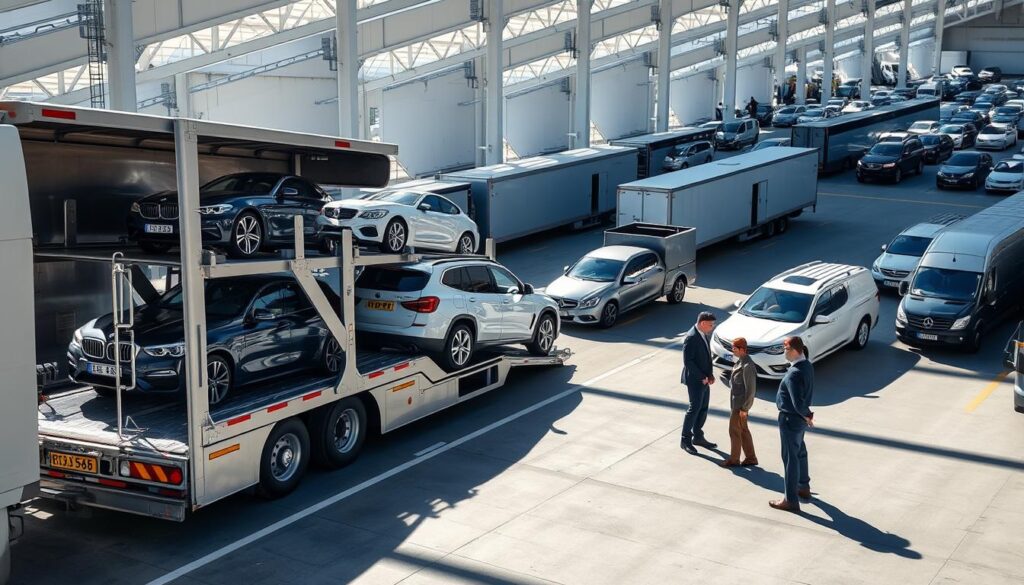 A brightly lit auto transport terminal showcasing a modern vehicle shipping process. In the foreground, a sleek auto carrier truck is loaded with an array of vehicles, including cars and a pickup truck, expertly secured for transport. The middle ground features professional staff in business attire inspecting the vehicles with safety equipment. In the background, a vast loading area with additional trucks and various types of vehicles, such as sedans, SUVs, and fleet vans, adds depth to the scene. The atmosphere conveys efficiency and professionalism, enhanced by natural sunlight casting clear shadows. The angle is slightly elevated, capturing a wide view that emphasizes both the vehicles and the organized logistics of the shipping operation.