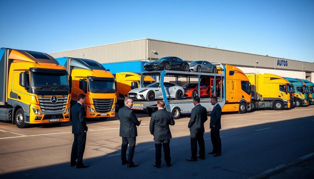 A bustling auto transport company scene, featuring a fleet of modern, bright-colored car transport trucks parked in a large, orderly lot. In the foreground, a well-dressed team of professionals in business attire discuss logistics, gesturing towards a truck that is loaded with luxury vehicles ready for shipment. The middle ground showcases a clear sky, enhancing the vibrant blue accents of the trucks, while the background includes a warehouse with the company logo prominently displayed. Soft sunlight casts dynamic shadows, creating a clean and organized atmosphere. The image embodies a sense of efficiency, professionalism, and reliability, reflecting the seamless service offered by the auto transport company.