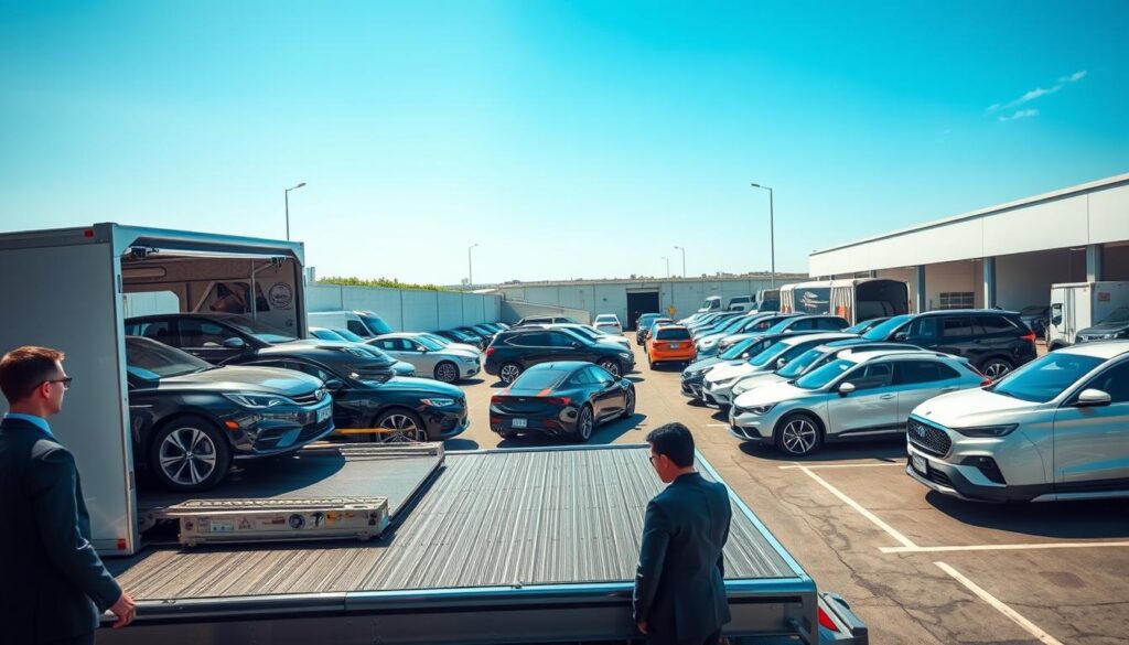 A bustling auto transport hub, showcasing the detailed process of carrier shipping for vehicles. In the foreground, a professional team in business attire oversees the loading of sleek, modern cars onto an open trailer, demonstrating careful handling. The middle section features a variety of vehicles lined up, illustrating the diversity of auto transport, from sedans to SUVs, each secured by safety straps. In the background, a bright blue sky provides natural lighting, illuminating the scene and adding a sense of reliability. A raised perspective captures the entire area, indicating organized lanes for vehicles, surrounded by a clean, structured facility. Overall, the atmosphere is one of efficiency, professionalism, and trustworthiness, essential for safe and reliable auto transport. A bustling auto transport hub, showcasing the detailed process of carrier shipping for vehicles. In the foreground, a professional team in business attire oversees the loading of sleek, modern cars onto an open trailer, demonstrating careful handling. The middle section features a variety of vehicles lined up, illustrating the diversity of auto transport, from sedans to SUVs, each secured by safety straps. In the background, a bright blue sky provides natural lighting, illuminating the scene and adding a sense of reliability. A raised perspective captures the entire area, indicating organized lanes for vehicles, surrounded by a clean, structured facility. Overall, the atmosphere is one of efficiency, professionalism, and trustworthiness, essential for safe and reliable auto transport.