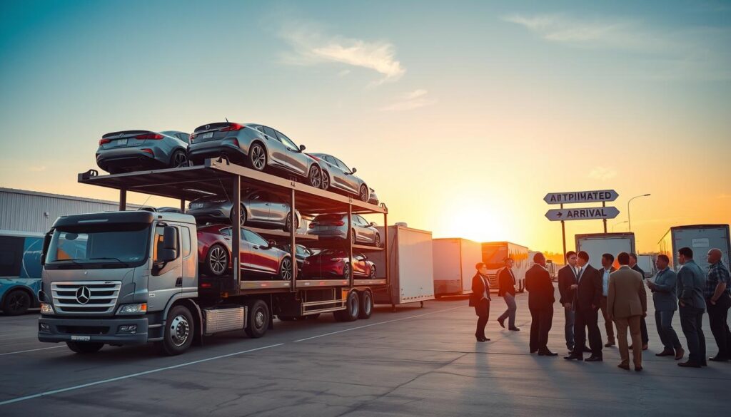 A bustling auto transport hub showcasing various automobile transport options. In the foreground, a modern car carrier truck loaded with diverse vehicles, from sedans to SUVs, highlighting efficiency. In the middle ground, several car transport options such as enclosed trailers, open carriers, and an Anticipated Arrival sign directing customers. The background features a vibrant sunset casting warm light across the scene, creating a welcoming atmosphere. The scene captures a diverse group of individuals in professional attire discussing logistics, portraying a sense of collaboration and professionalism. Use a wide-angle lens to capture the entire scene, ensuring clarity in details and emphasizing the range of transport options available. The overall mood is optimistic and resourceful, reflecting the ease of automobile transport across the US.