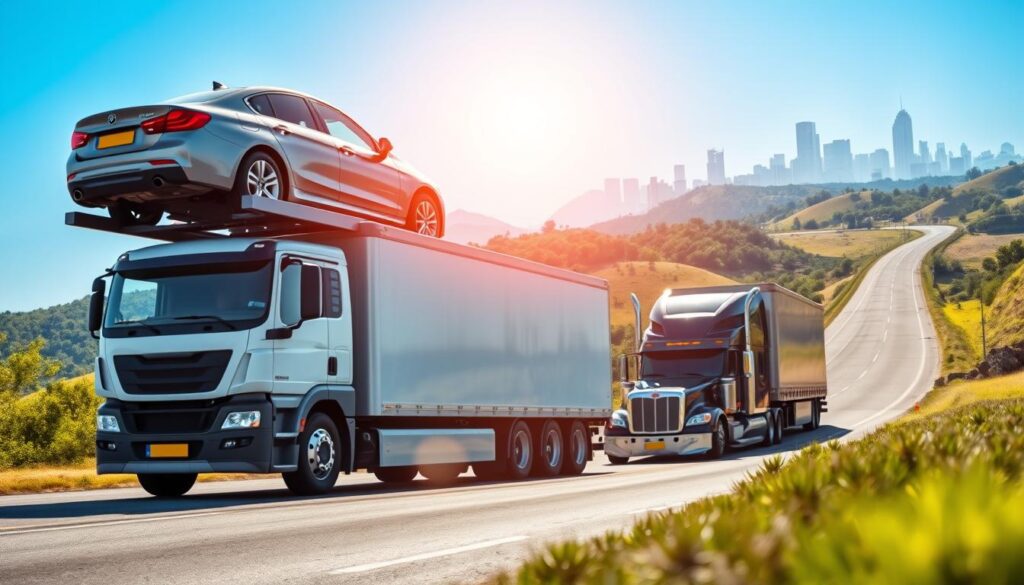 A bustling auto transport scene set against a clear blue sky. In the foreground, a professional car shipping transport truck is parked, showcasing a sleek, shiny car loaded securely on its top deck. The truck is modern, with bright signage indicating a reputable car shipping company. In the middle ground, another truck maneuvering along a scenic highway, surrounded by green trees and rolling hills, symbolizes the journey across the United States. The background features a distant city skyline under soft, warm sunlight, creating a supportive atmosphere of reliability and trust. The overall mood is professional and energetic, capturing the essence of seamless auto transport services. Use a wide-angle lens to emphasize the expansive landscape, with bright, natural lighting to enhance visibility and appeal. A bustling auto transport scene set against a clear blue sky. In the foreground, a professional car shipping transport truck is parked, showcasing a sleek, shiny car loaded securely on its top deck. The truck is modern, with bright signage indicating a reputable car shipping company. In the middle ground, another truck maneuvering along a scenic highway, surrounded by green trees and rolling hills, symbolizes the journey across the United States. The background features a distant city skyline under soft, warm sunlight, creating a supportive atmosphere of reliability and trust. The overall mood is professional and energetic, capturing the essence of seamless auto transport services. Use a wide-angle lens to emphasize the expansive landscape, with bright, natural lighting to enhance visibility and appeal.