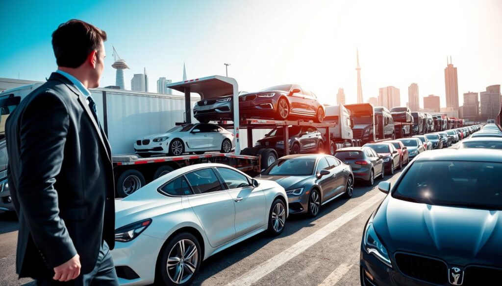 A bustling auto transport terminal in Orlando, showcasing a fleet of reliable car shipping trucks lined up, ready for vehicles to be loaded. In the foreground, a professional auto hauler in business attire supervises the loading of a sleek, shiny sedan onto a multi-car transporter. The middle ground features various cars, including SUVs and compact cars, waiting to be shipped, with a clear blue sky above. The background illustrates iconic Orlando landmarks, subtly hinting at the city’s vibrant atmosphere. Bright, natural lighting enhances the sense of urgency and efficiency in the car shipping process, while a wide-angle lens captures the dynamic scene, reflecting the growing demand for vehicle transport in Florida. The mood is industrious and optimistic, emphasizing trust and reliability in auto transport services.