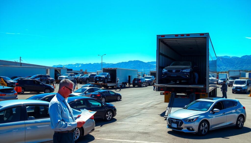 A bustling automotive shipping yard in Canada during daylight, showcasing a diverse array of vehicles including sedans, SUVs, and trucks ready for transport. In the foreground, an employee in professional work attire reviews shipping documents beside an open transport truck with a secure loading ramp. The middle ground features additional transport trucks lined up, each carrying cars tied down safely, while other workers assist in the loading process. In the background, there are clear blue skies and mountains, emphasizing the Canadian landscape. The lighting is bright and natural, creating a sense of productivity and reliability. The overall mood is organized and efficient, illustrating the professionalism of automotive shipping companies. A bustling automotive shipping yard in Canada during daylight, showcasing a diverse array of vehicles including sedans, SUVs, and trucks ready for transport. In the foreground, an employee in professional work attire reviews shipping documents beside an open transport truck with a secure loading ramp. The middle ground features additional transport trucks lined up, each carrying cars tied down safely, while other workers assist in the loading process. In the background, there are clear blue skies and mountains, emphasizing the Canadian landscape. The lighting is bright and natural, creating a sense of productivity and reliability. The overall mood is organized and efficient, illustrating the professionalism of automotive shipping companies.
