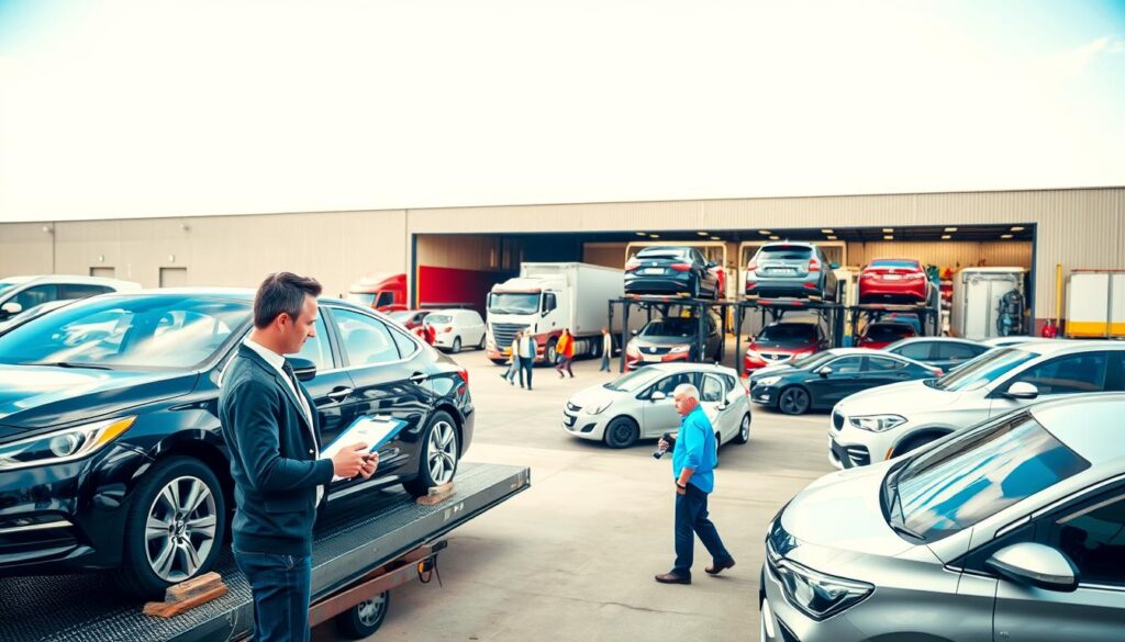 A bustling car shipping company scene, showcasing a large, well-organized transport yard filled with a variety of vehicles ready for shipment. In the foreground, a professional-looking employee in business attire inspects a shiny sedan on a car carrier, holding a clipboard. The middle ground features several auto transport trucks being loaded with cars, while workers communicate efficiently. In the background, a bright blue sky contrasts with the steel of the warehouse and waiting vehicles, giving a sense of a productive day. Soft, natural lighting enhances the vibrant colors of the cars and creates a clean, professional atmosphere. The angle is slightly elevated, providing an overview of the operational flow while maintaining focus on the organized activity below. A bustling car shipping company scene, showcasing a large, well-organized transport yard filled with a variety of vehicles ready for shipment. In the foreground, a professional-looking employee in business attire inspects a shiny sedan on a car carrier, holding a clipboard. The middle ground features several auto transport trucks being loaded with cars, while workers communicate efficiently. In the background, a bright blue sky contrasts with the steel of the warehouse and waiting vehicles, giving a sense of a productive day. Soft, natural lighting enhances the vibrant colors of the cars and creates a clean, professional atmosphere. The angle is slightly elevated, providing an overview of the operational flow while maintaining focus on the organized activity below.
