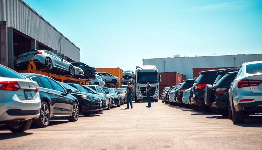 A bustling car shipping company warehouse in the foreground, showcasing an array of different vehicles, including sedans and SUVs, lined up ready for transport. In the middle ground, a shipping truck is loaded with cars, demonstrating logistics in action, with workers dressed in professional attire overseeing the process. In the background, large shipping containers and a blue sky add context, highlighting the scale of vehicle transportation. The scene is well-lit with bright daylight, casting clear shadows that enhance the detail. A slight angle from a low perspective brings focus to the vehicles, conveying a sense of efficiency and professionalism. The overall mood is dynamic and industrious, emphasizing the operational aspect of car shipping. A bustling car shipping company warehouse in the foreground, showcasing an array of different vehicles, including sedans and SUVs, lined up ready for transport. In the middle ground, a shipping truck is loaded with cars, demonstrating logistics in action, with workers dressed in professional attire overseeing the process. In the background, large shipping containers and a blue sky add context, highlighting the scale of vehicle transportation. The scene is well-lit with bright daylight, casting clear shadows that enhance the detail. A slight angle from a low perspective brings focus to the vehicles, conveying a sense of efficiency and professionalism. The overall mood is dynamic and industrious, emphasizing the operational aspect of car shipping.